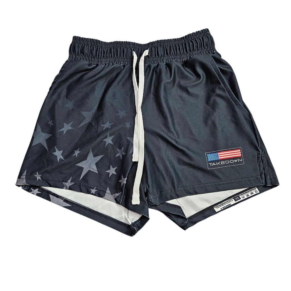 Takedown Mens XS 5 inch Gym Shorts Black Star Print Patriotic USA Flag MMA Fight